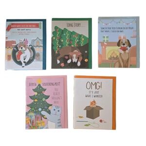 Funny Animal Set of 5 Christmas Holiday Greeting Cards Cat & Dog Card $30 Retail